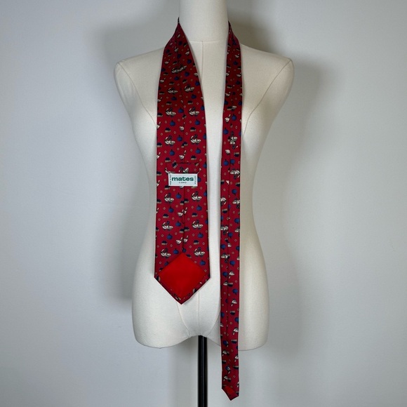 Mates Como 100% Silk Tie Made In Italy Red And Blue Geese & Pumpkins 57.5” Long - Picture 5 of 7